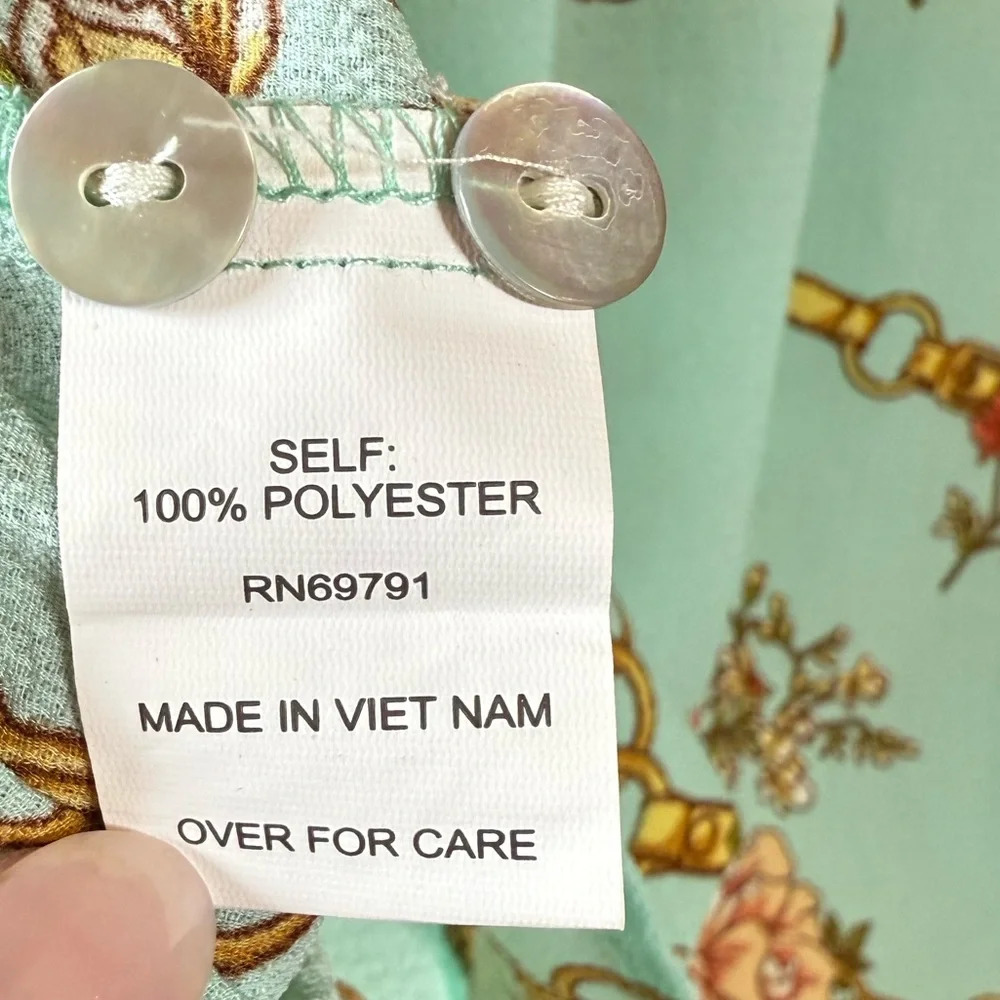 Fig & Flower Blouse Tie Sleeve Aqua Gold Anthropologie Cottagecore Spring Small - Picture 7 of 9